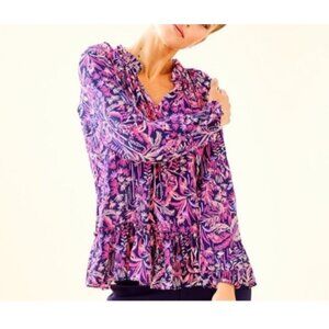 Lilly Pulitzer Womens Sz M Savanna Pink/Navy Floral Print Long-Sleeve Blouse